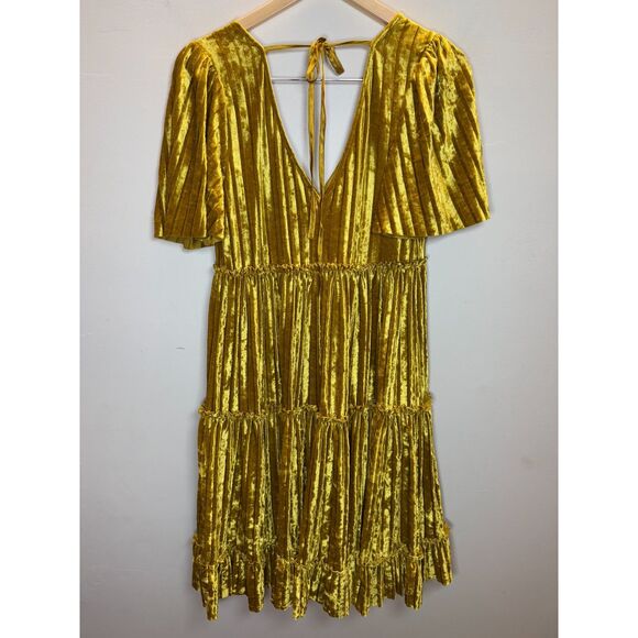 New York & Company Size Small Gold Short Sleeve Pleated Velvet Mini Dress EUC - Picture 6 of 11